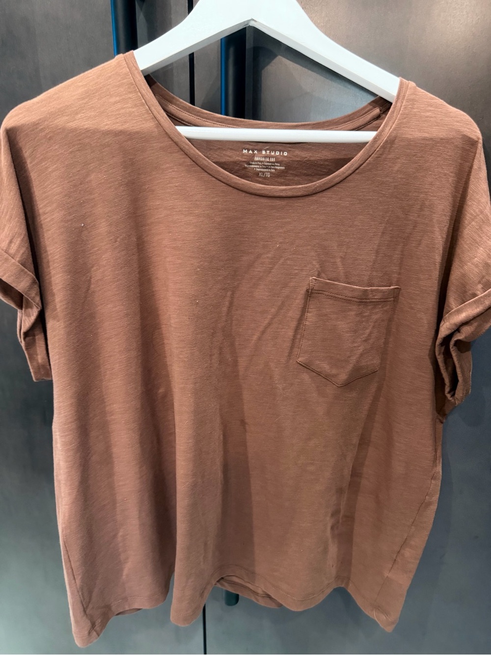 Max Studio Short-Sleeve Pocket Tee in Warm Brown